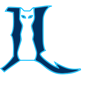 Capital J and L are joined by a sitting cat between them. The J, L, and eyes of the cat have a dark blue filling.
